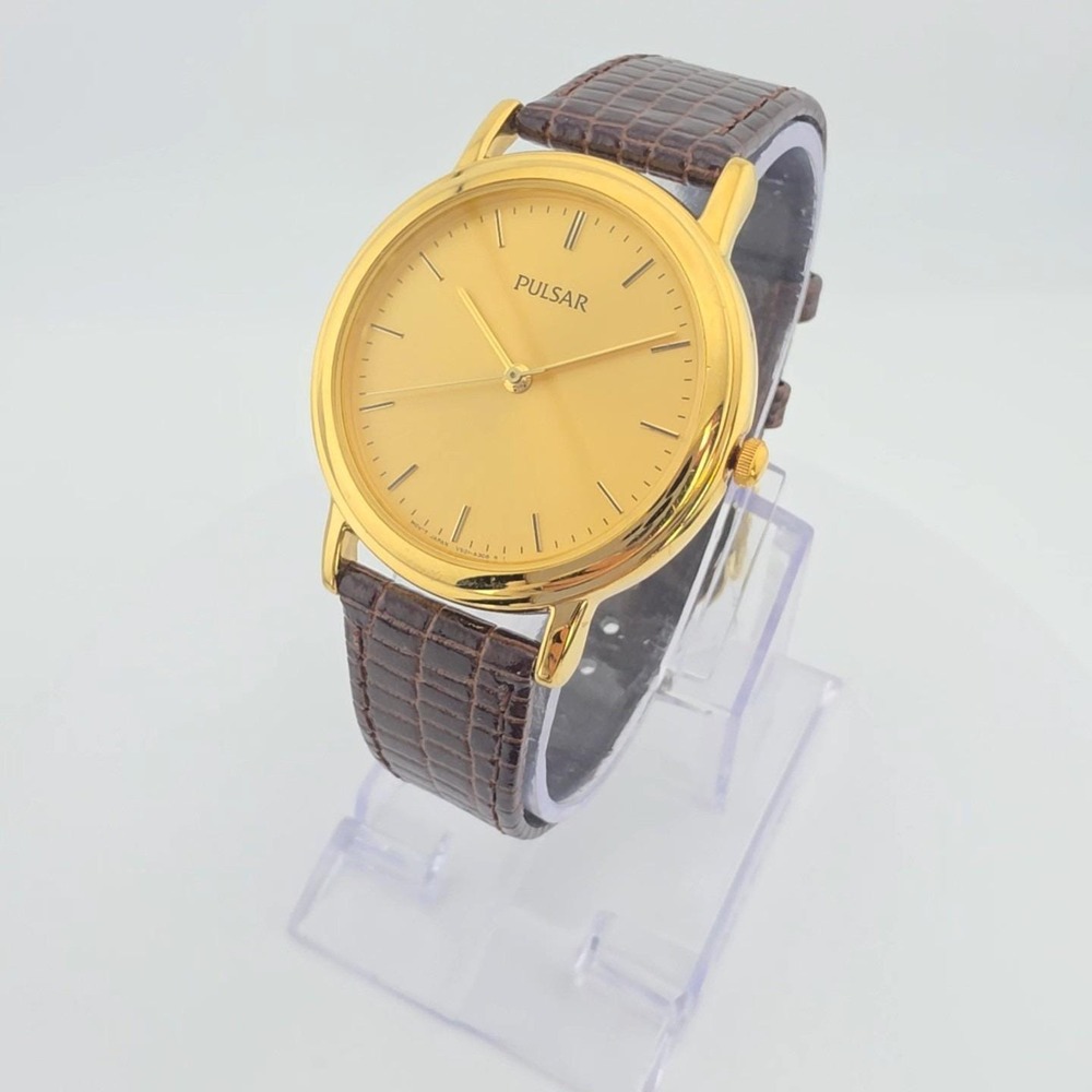 Vintage SEIKO PULSAR Watch 730978 Brown Snake Skin Band Gold Plate 8" In Box